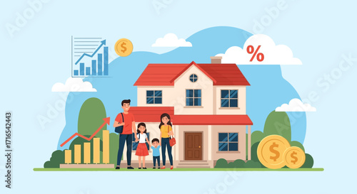 Happy Family in Front of Their New House Homeownership Investment and Financial Growth