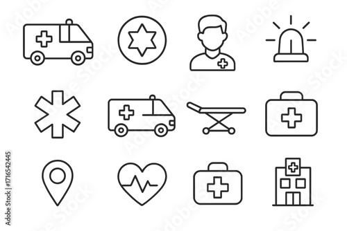 Emergency medical services line icon set. Vector symbols for healthcare and medicine. Ambulance, hospital, doctor, paramedic, first aid kit, stretcher, heartbeat, siren icons.