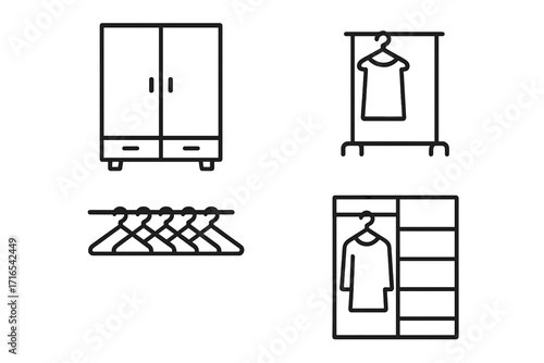 Closet and wardrobe simple line icon set. Clothes storage and organization concept. Hanger, clothing rack, and furniture vector graphic collection for web and apps.