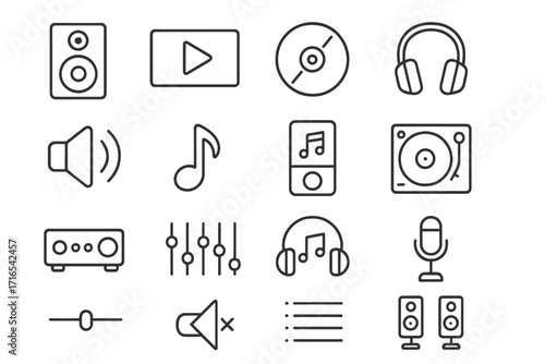 Music & audio line icon set. Vector symbols for sound, media player, recording & entertainment. Editable stroke pictogram collection. Speaker, headphones, mic, player & DJ icons.