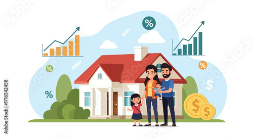 Happy Family in Front of Their New House Homeownership Financial Growth and Investment Success