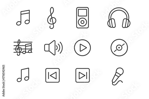 Music and audio line icon set. Media player control symbols. Editable stroke vector pictograms for web, app, and UI design. Sound, note, headphones, play, and record glyphs.