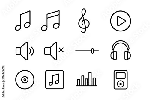 Music player line icon pack. Audio interface symbols. Editable stroke vector icons for apps, web. Sound, volume, play button, headphones, equalizer, note pictograms.