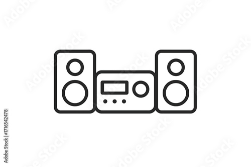 Music center line icon. Stereo system with speakers. Audio equipment pictogram. Sound system outline symbol for web, app, design. Home entertainment minimal vector illustration.