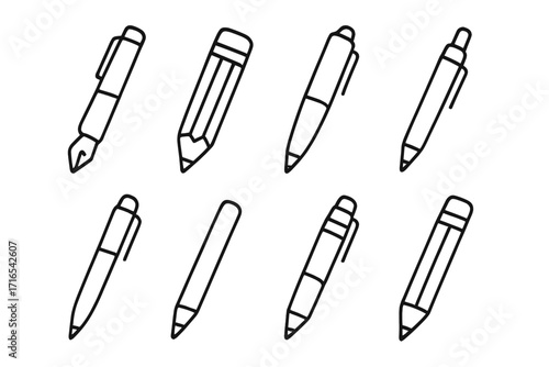 Bundle of pen and pencil icons set, editable thin stroke vector illustration, cartoon style writing tools collection for web design, books, cards, and apps with transparent background