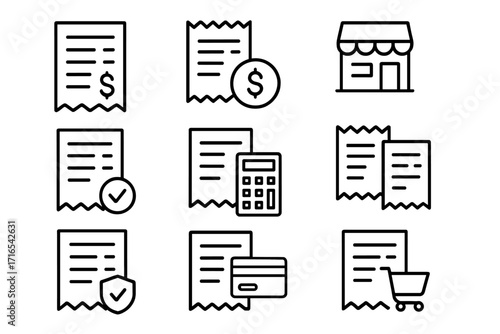 Set of minimalistic linear store receipt icons with editable stroke, shopping bills, payment methods, calculator, secure checkout, and store facade for app and banner design