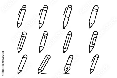 Pen and pencil thin line icons collection, editable stroke vector set for web, books, cards, apps, creative cartoon style drawing tools illustration transparent background