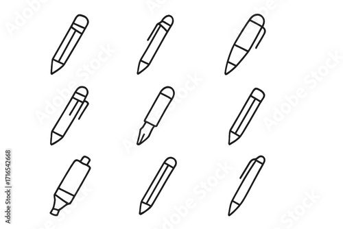 Simple pen and pencil isolated line icons collection, editable stroke vector set, cartoon style illustration for web, apps, books, cards, transparent background design