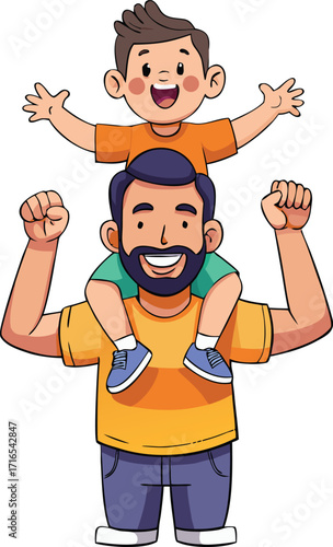 Father carrying happy son on shoulders with arms raised vector
