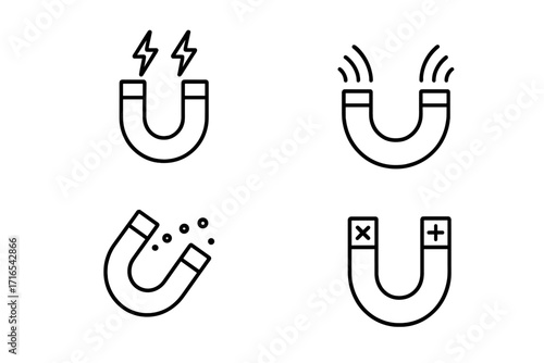 Set of minimalistic line icons of horseshoe magnets with electric, wave, particle effects, and polarity symbols. Editable stroke vector for design of cards, apps, banners, posts, technology concepts