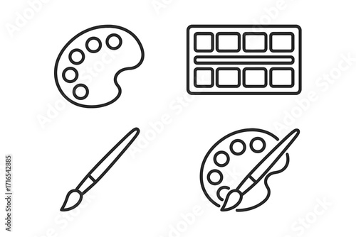 Set of minimalistic linear paint palette and brush icons, watercolor art tools vector line icons, editable stroke design elements for cards, apps, banners, posts, creative illustration