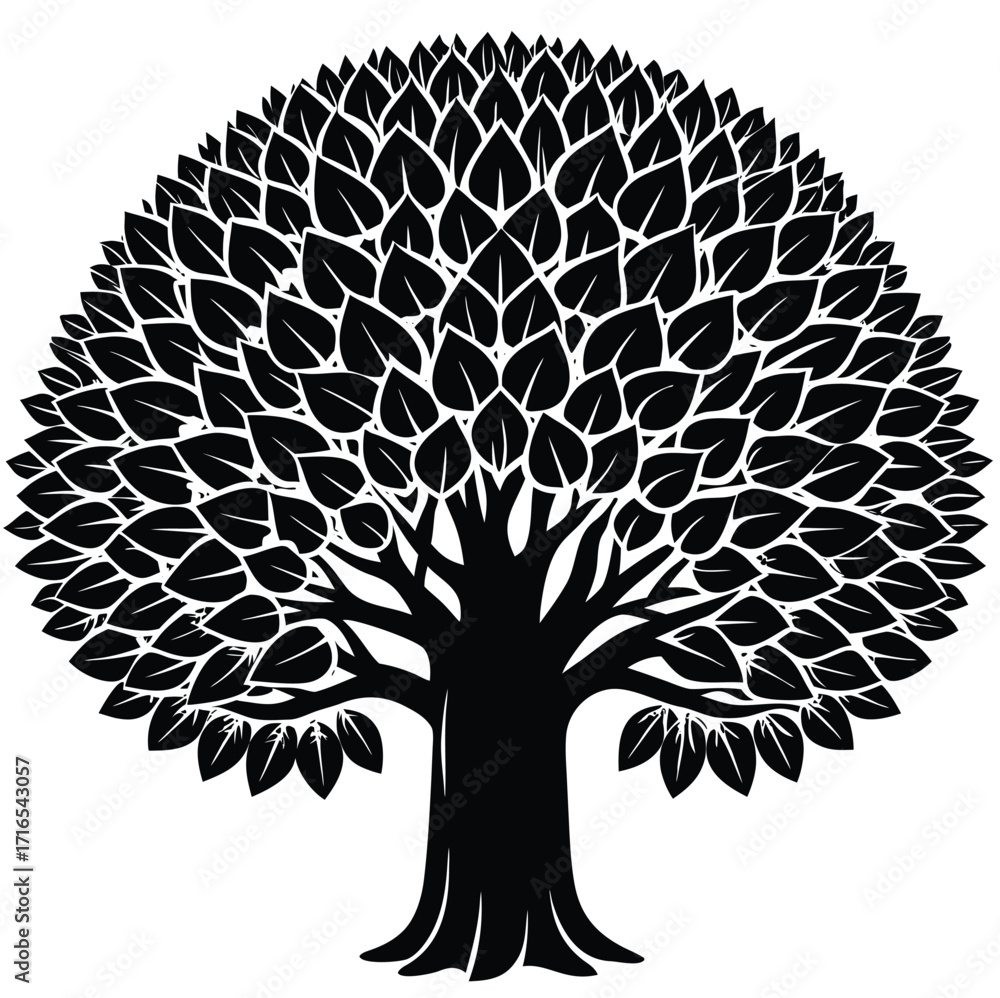 Naklejka premium A stylized black vector silhouette of a tree with intricate roots and abundant leaves, perfect for a nature-inspired design