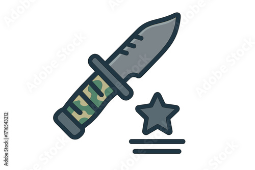 Military combat knife icon with camouflage handle and star symbol, tactical weapon illustration, army survival blade flat vector, soldier equipment graphic
