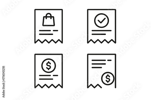 Minimalistic Store Receipt Icon Collection, Editable Stroke Line Art Pictogram Set for Shopping, Payment, Finance, Cash Register, Invoice, Billing, Apps, Design, and Web Banners