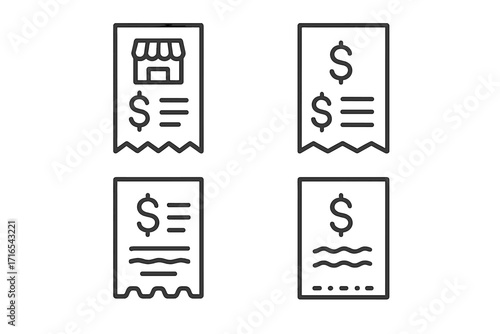 Store receipt icon collection, editable stroke vector set. Minimalistic linear style pictograms for cards, apps, banners, posts. Business invoice, payment, transaction symbols.