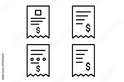 Minimalistic store receipt line icon collection, editable stroke vector set for cards, apps, banners, posts design, simple linear pictogram illustrations of shopping bills and payment slips