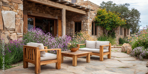 Outdoor patio with stone house and furniture