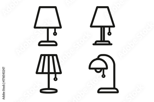 Table lamp icon set for UI design, placards, books, apps, editable stroke, vector cartoon illustration, modern desk lamps, transparent background, web and print use