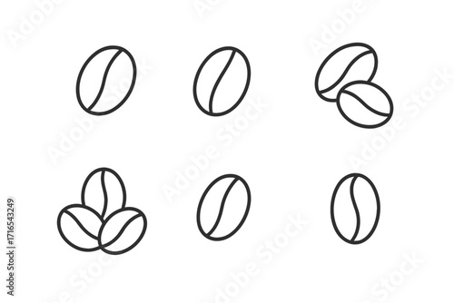 Coffee bean line icon set. Editable stroke pictogram collection. Minimal linear grain symbols for cafe menu, app, web design. Roasted caffeine seed outline graphic elements.
