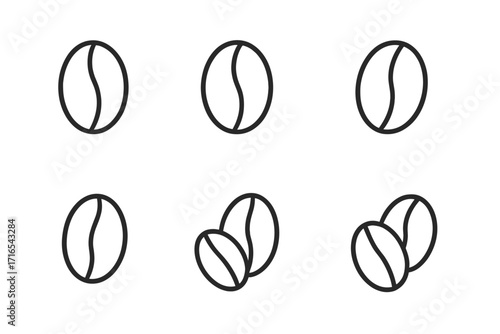 Coffee bean line icon set. Minimalist pictogram bundle of coffee grains. Editable stroke vector illustration for apps, web, menu, cafe logo. Simple outline symbols.