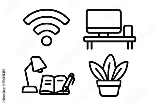 Workspace workspace icons set, linear style table desk computer monitor plant lamp notebook pen vector illustration, office workspace symbols, home office essentials