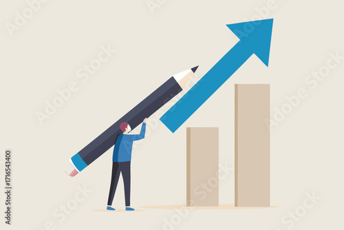 Person holding a giant pencil drawing an upward trending arrow on a bar chart representing business growth