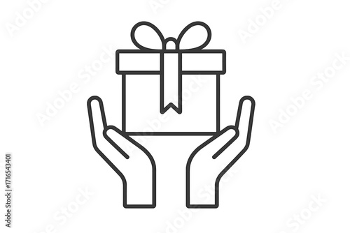 Volunteer gift box icon linear symbol, hands holding present, charity donation illustration, community support, giving and generosity concept, transparent background vector