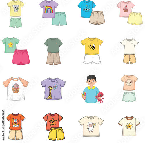 Collection of cute children's clothing sets featuring colorful t-shirts and shorts with playful designs