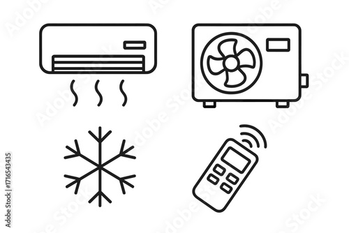 Air conditioning line icon set. Climate control thin icons with editable stroke. Vector symbols of AC split system, conditioner cooling, ventilation fan, and remote control.