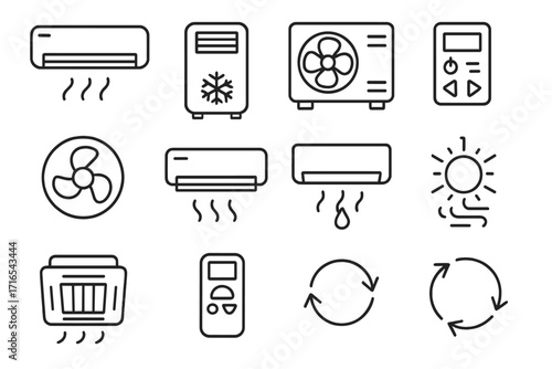 Air conditioning and climate control line icon set. Vector symbols of cooling, heating, ventilation, and HVAC systems. Simple outline collection with editable stroke.