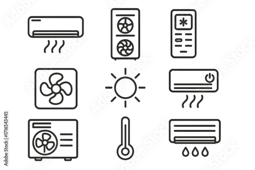 Air conditioning line icon set. HVAC climate control symbols. Cooling, heating, fan, ventilation vector icons. Conditioner, temperature, remote pictogram collection. Editable stroke.