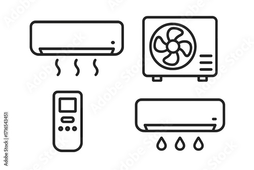 Air conditioning icons collection. HVAC system thin line vector set. Conditioner, remote control, fan unit, cooling, heating elements. Climate control editable stroke pictogram.