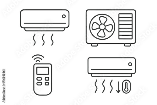 Air conditioning thin line icons collection. HVAC system, climate control symbols. Vector conditioner unit, fan, and remote icons with editable stroke. Cooling and heating pictogram set.