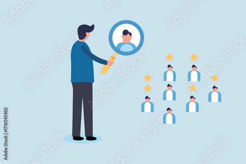 Man with magnifying glass inspecting group of people with stars representing talent and selection