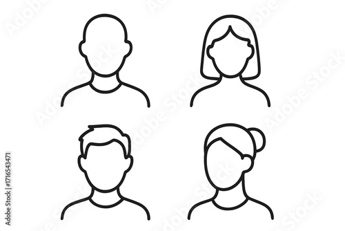 Set of faceless person profile icons. Minimalistic linear avatars for user interface design. Vector illustration of anonymous male and female head silhouettes. Editable stroke.