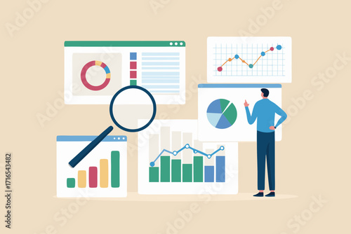 Man analyzing financial data charts and graphs with a magnifying glass for business insights