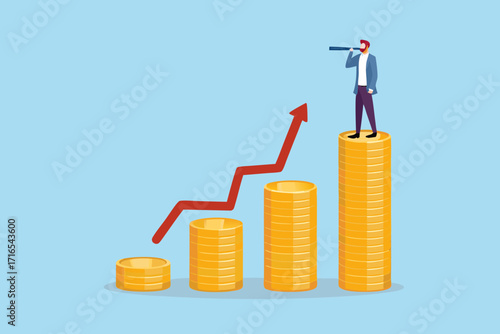 Man with telescope on stack of coins looking towards upward trend arrow symbolizing financial growth and future success