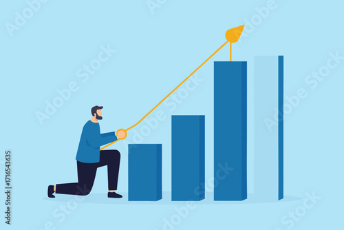 Man pulling a rope to lift a rising arrow on a bar graph symbolizing business growth