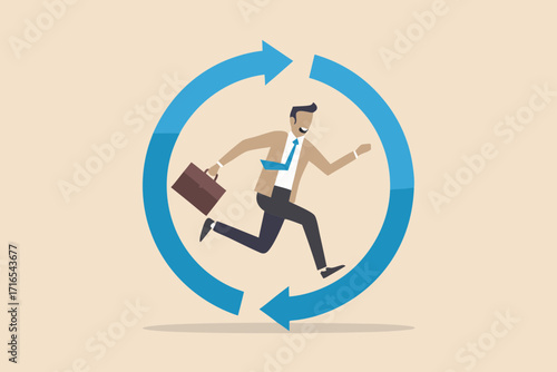 Businessman running in a continuous loop representing the daily grind and business cycle