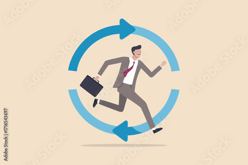 Businessman running in a circular arrow representing a continuous cycle of work and business activities