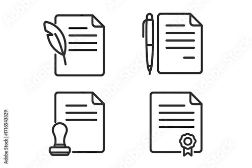 Document and contract line icon set. Signing with pen and quill, notary stamp, certificate seal. Legal agreement, validation, approval, and official paper concepts. Editable stroke.