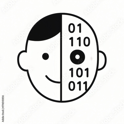 Split face half human half binary robot code isolated on white background Moravec paradox concept