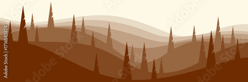 Wide screen vector scenery of a tranquil coniferous forest with layered misty hills providing ample copy space for text and design