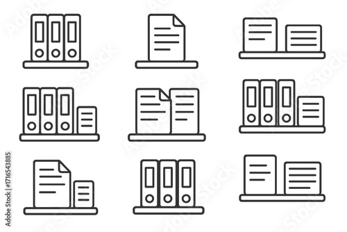 File and document line icon set. Archive, binder, and folder collection for office data storage and organization. Paperwork, bureaucracy, and information management symbols.