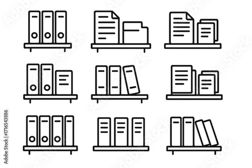 Archive folders and document line icon set. Office binders, files, and paperwork on a shelf. Business data storage, library bookshelf concept. Bureaucracy and documentation symbols.