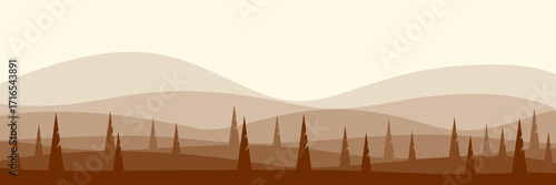 Serene autumn landscape with stylized pine trees and rolling hills a tranquil nature background for a Thanksgiving or fall theme