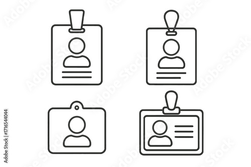 Employee ID badge line icon set. Identification card & name tag vector symbols. Corporate identity, access control, staff verification, security pass concept. Outline pictogram with editable stroke.