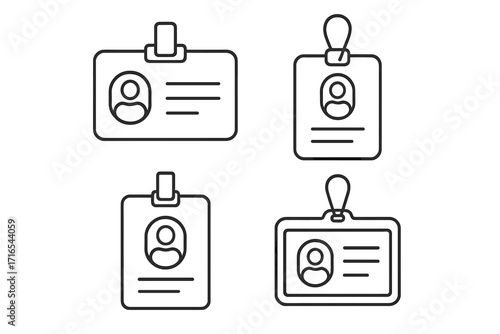Employee ID badge line icon set. Staff identification card, corporate name tag, security access pass with clip and lanyard. Business identity and event credentials vector.