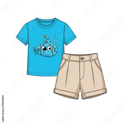 Cute cartoon children's outfit with submarine design on t-shirt and beige shorts