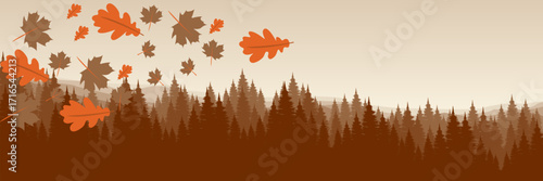 Wide screen vector illustration of a coniferous forest with layered mountains and a cascade of autumn leaves with ample copy space